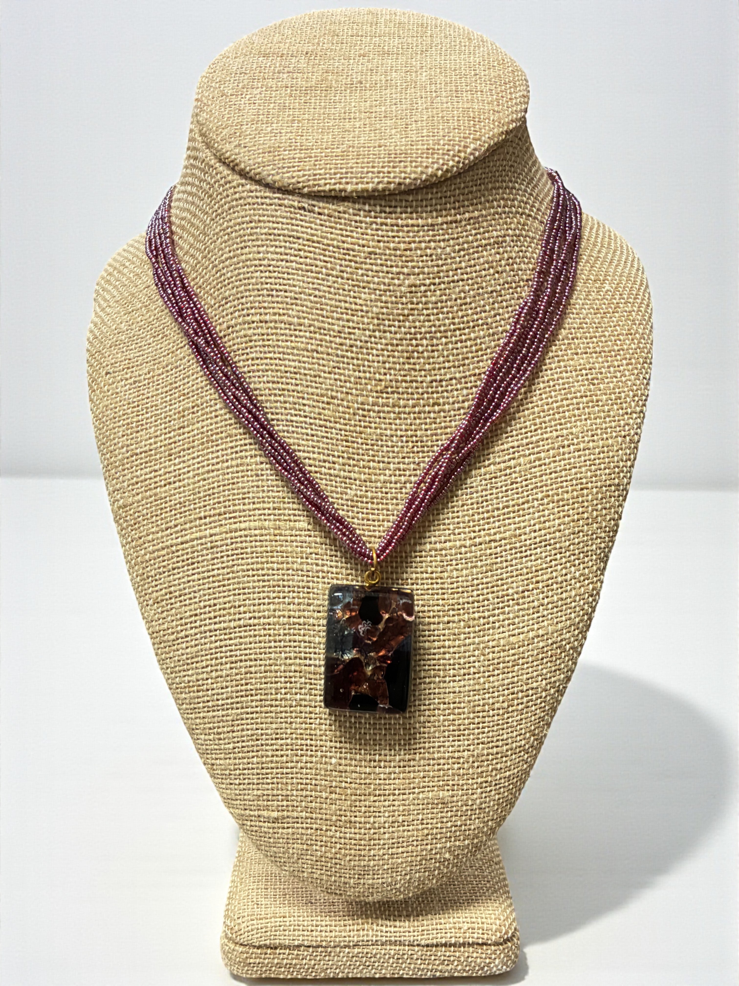 Elegant Amber and Black Murano Glass Rectangle Pendant with Pink Multi-Strand Beads