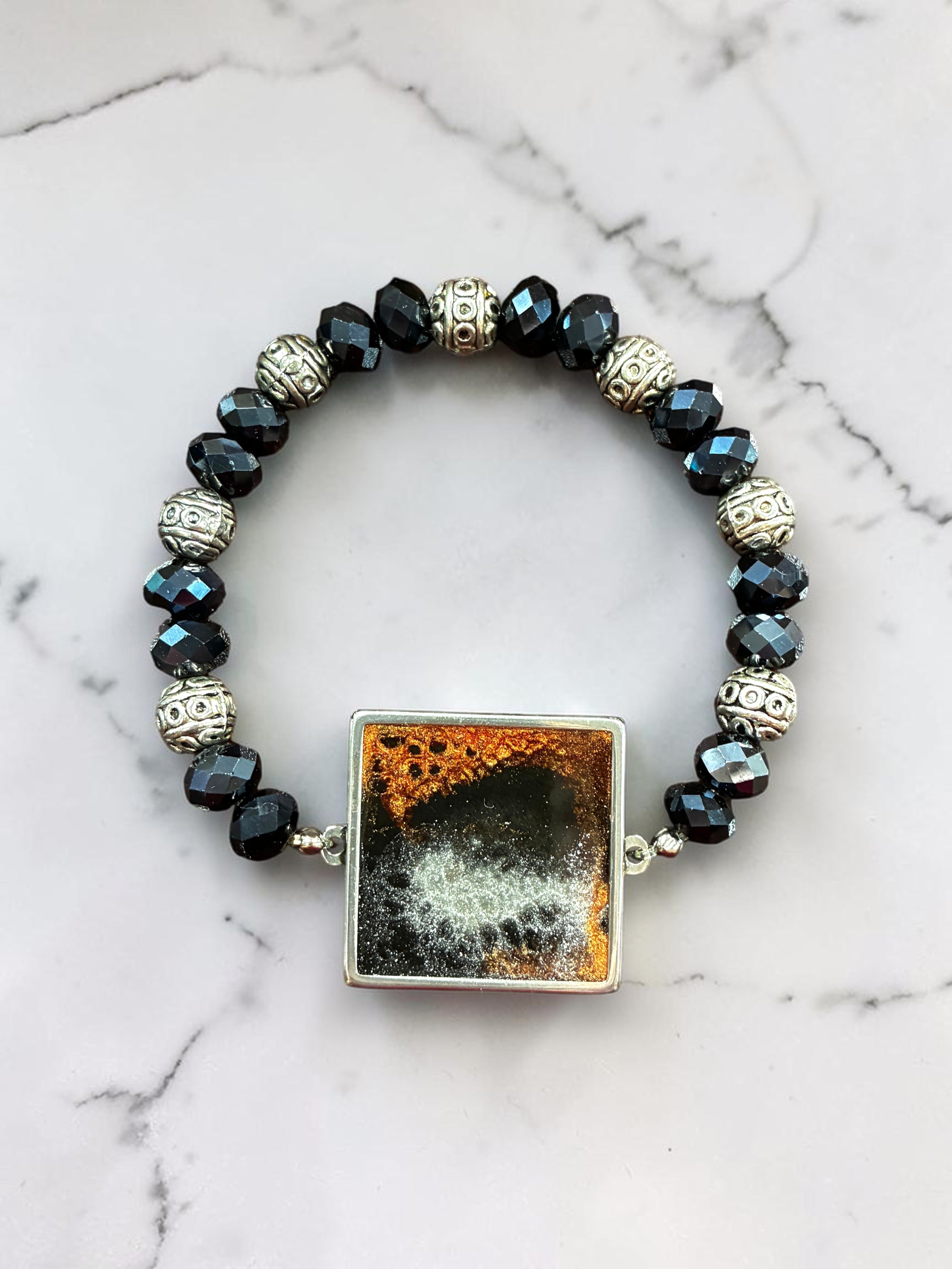 Handcrafted Square Charm Bracelet with Sparkling Black and Bronze Beads