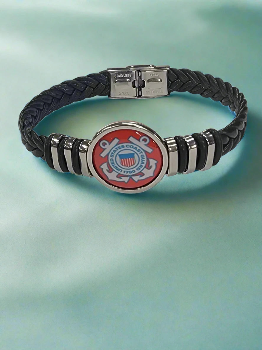 Coast Guard Braided Leather Bracelet -Officially Licensed, Stainless Steel Accents