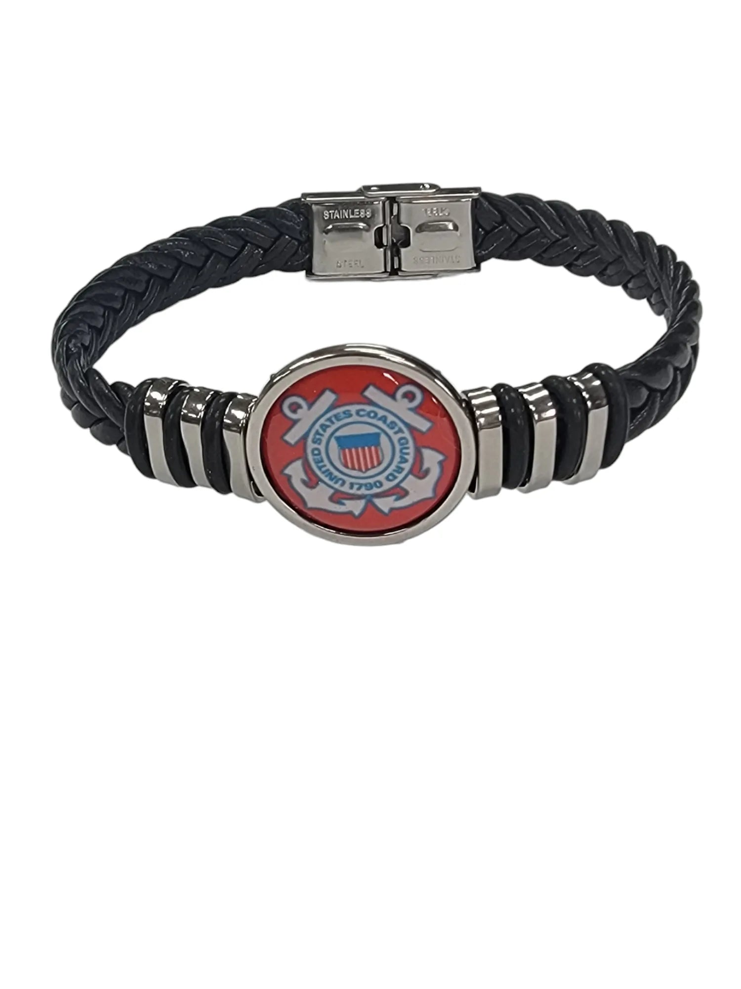 Coast Guard Braided Leather Bracelet -Officially Licensed, Stainless Steel Accents