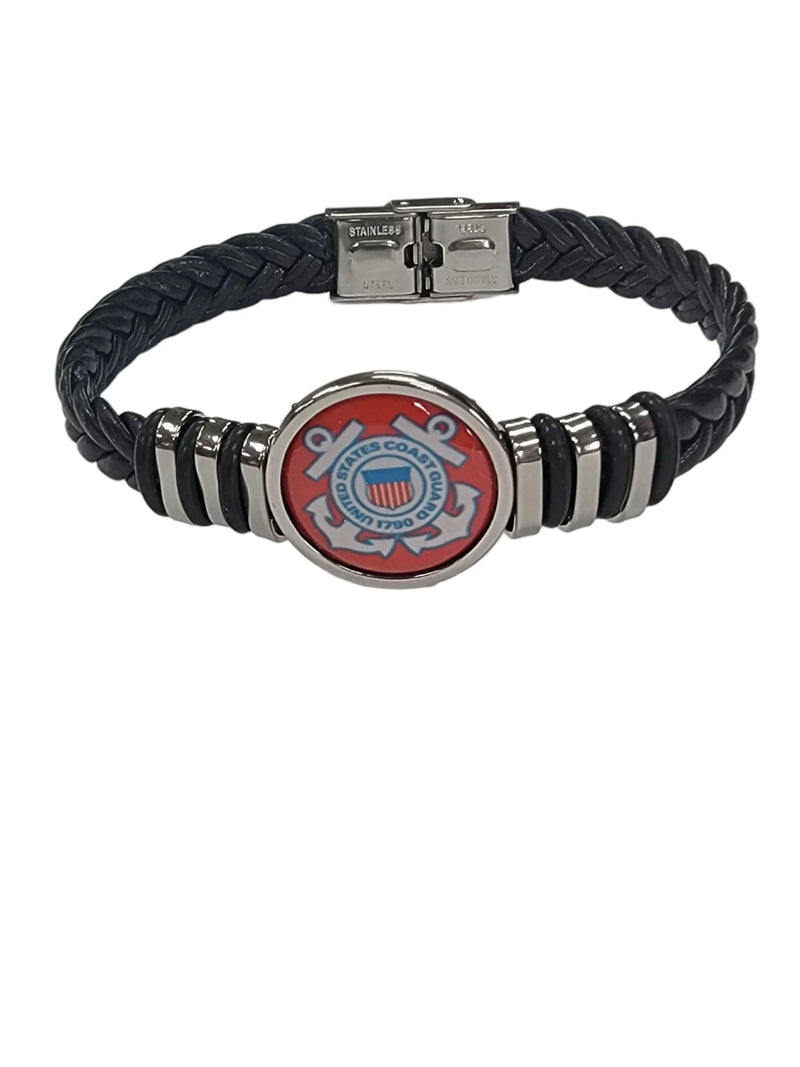 Officially Licensed Coast Guard Braided Leather Bracelet with Stainless Steel Accents