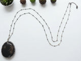 Midnight Majesty Long Agate Pendant Necklace with Crystal Chain