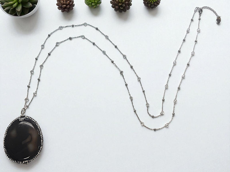 Midnight Majesty Long Agate Pendant Necklace with Crystal Chain