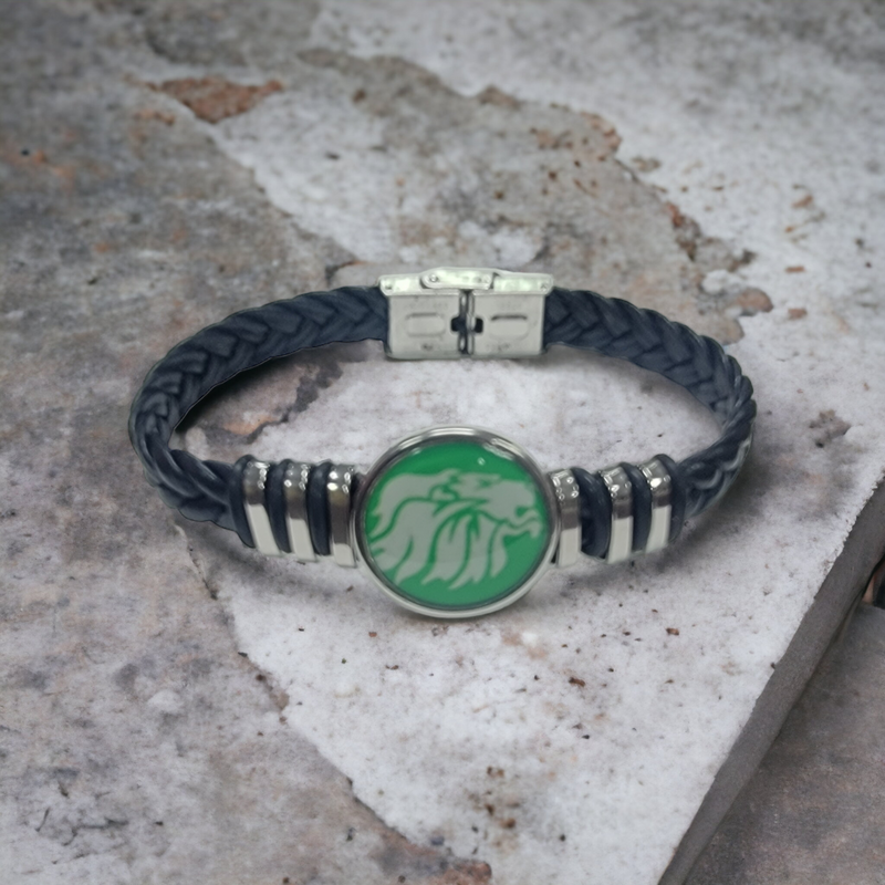 Black Braided Leather Bracelet with Green Pawprint | Handmade