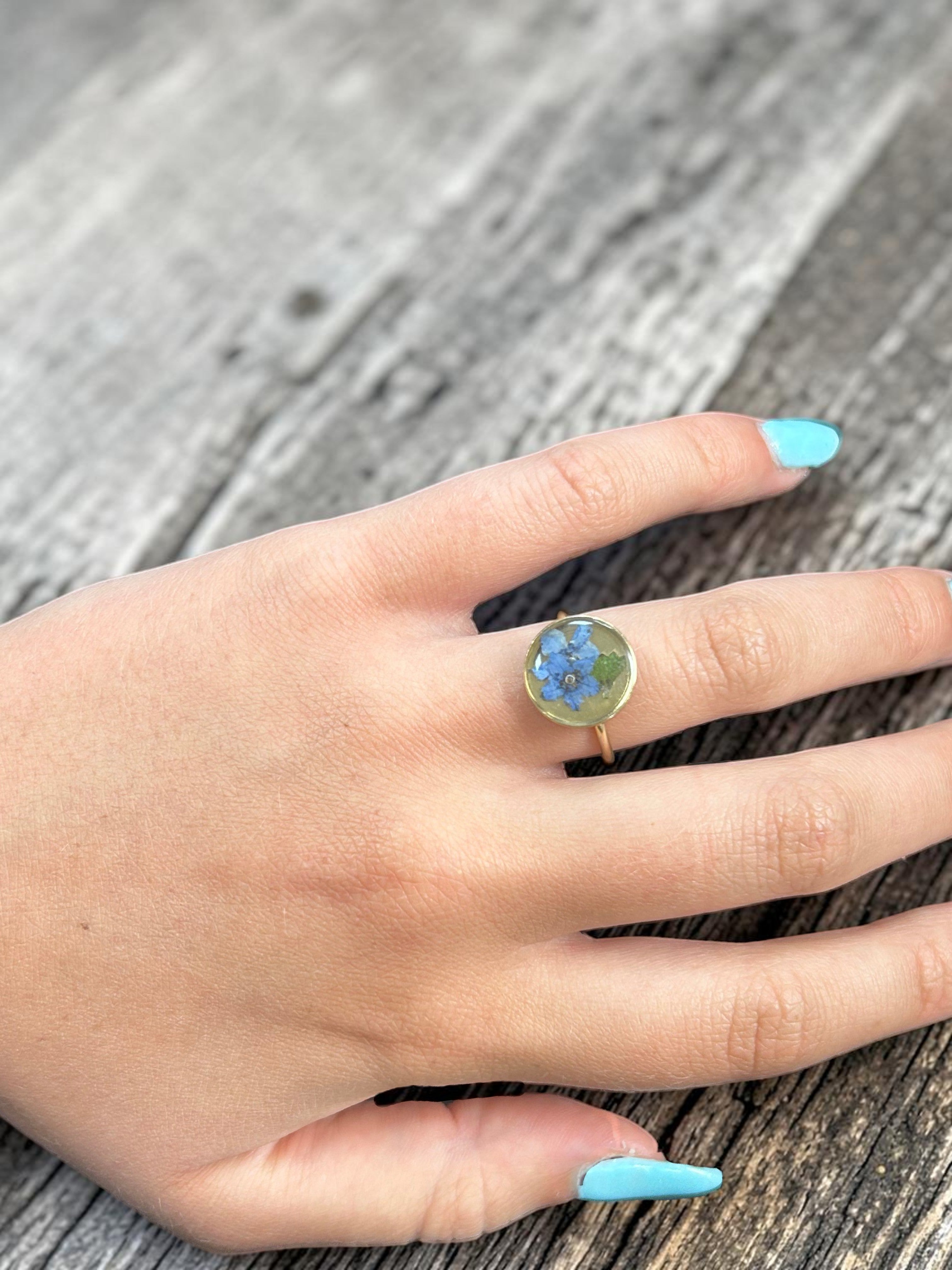 Handmade Pressed Flower Gold Plated Adjustable Ring | Unique Handmade Resin Design