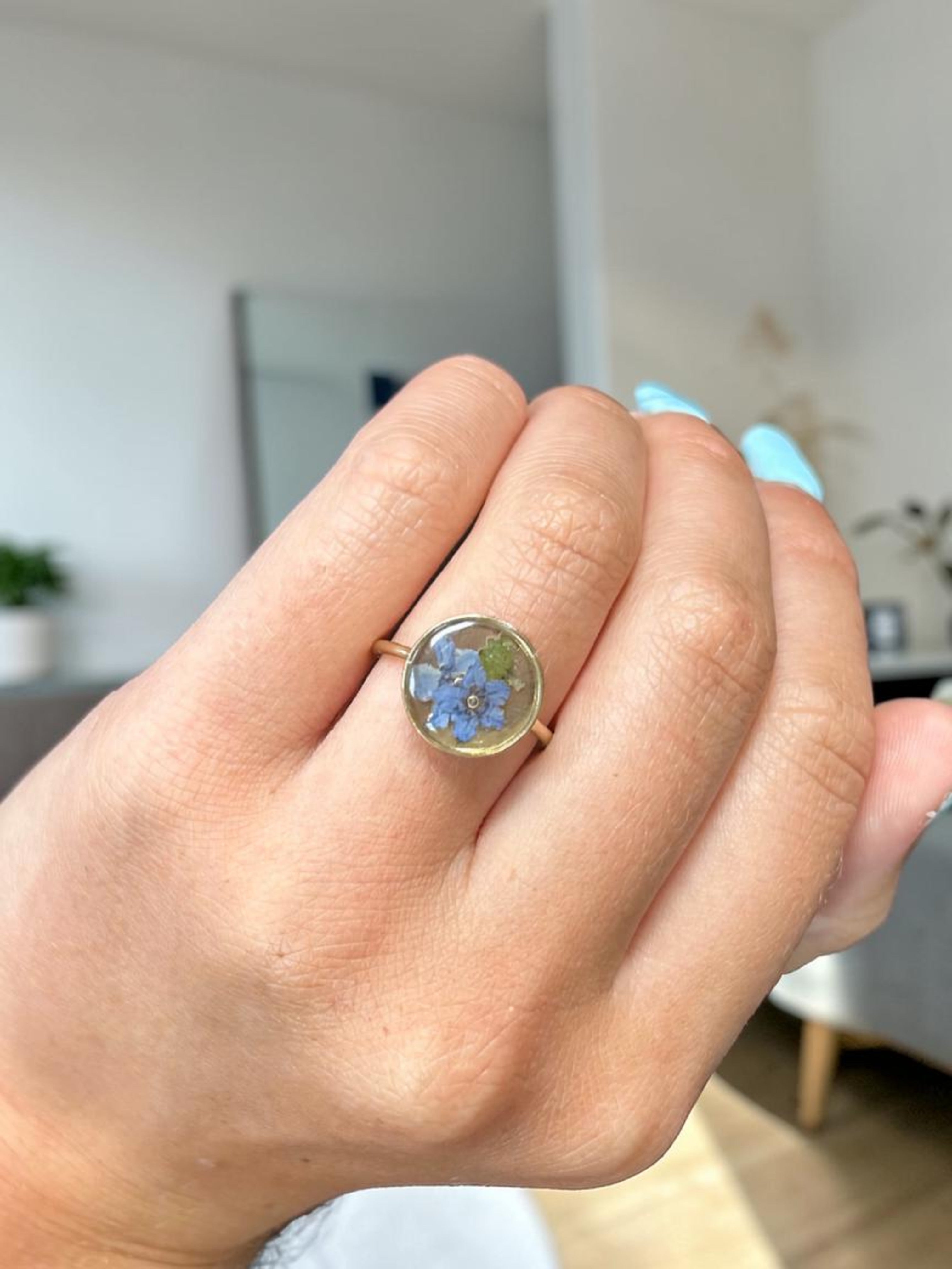 Handmade Pressed Flower Gold Plated Adjustable Ring | Unique Handmade Resin Design
