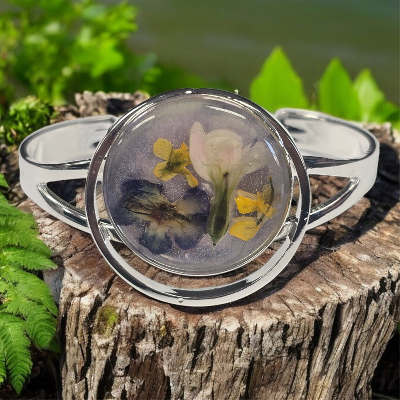 Sterling Plated Circle Cuff with Pressed Flower Centerpiece