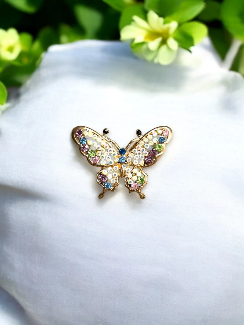 Gold Butterfly Brooch with Pink, Green & Blue Crystals