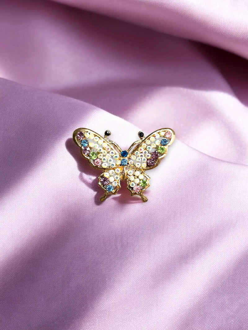 Gold Butterfly Brooch with Pink, Green & Blue Crystals