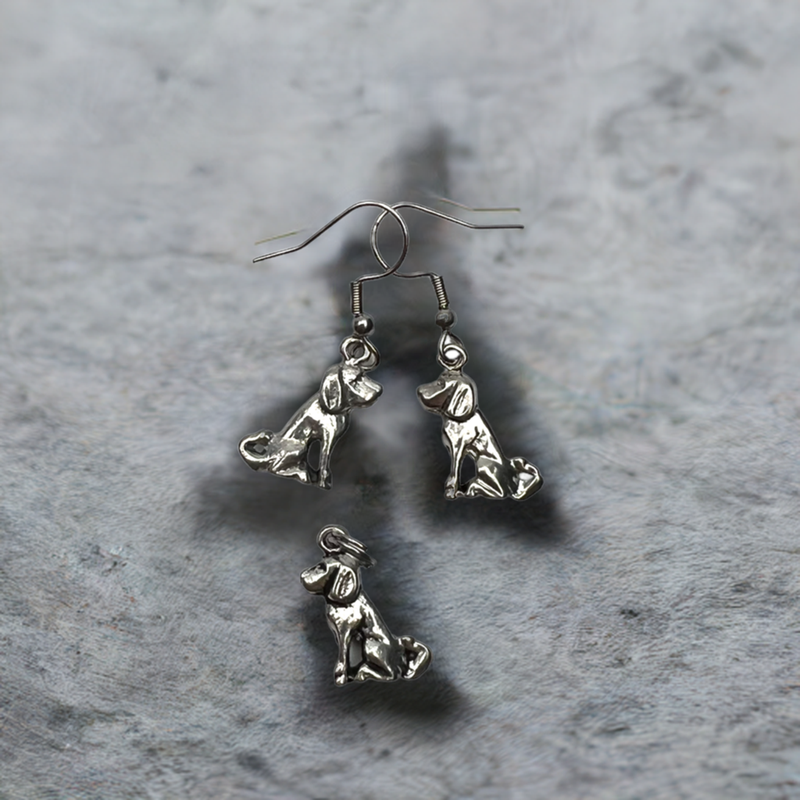 Adorable Pewter Dog Charm Necklace and Earring Set