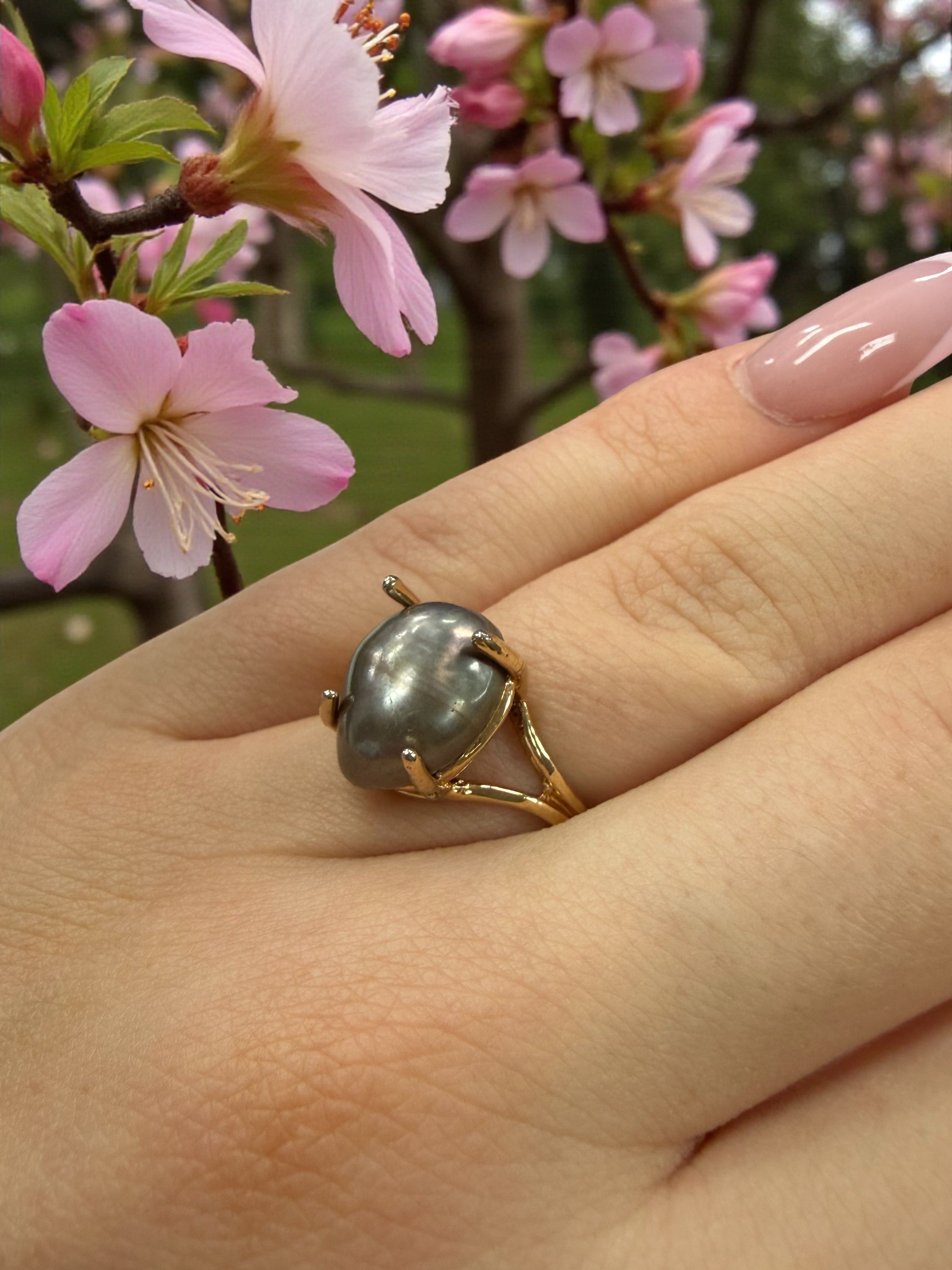 The Lunar Eclipse: One-of-a-Kind Gray Freshwater Pearl Statement Ring