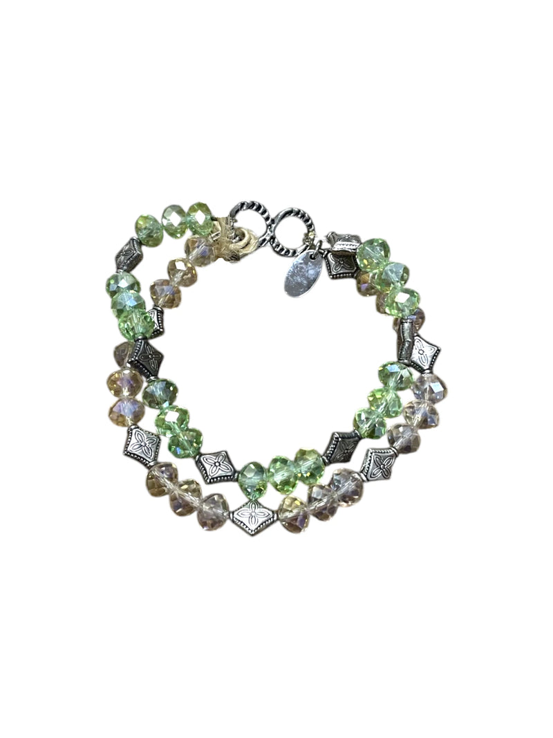 Green Crystal & Silver Double Strand Bracelet