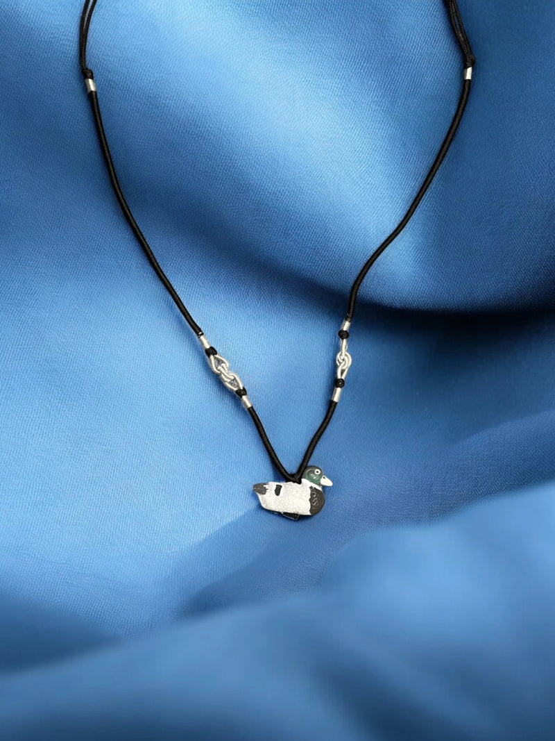 Hand-Painted Duck Charm Necklace, Black Cord Necklace