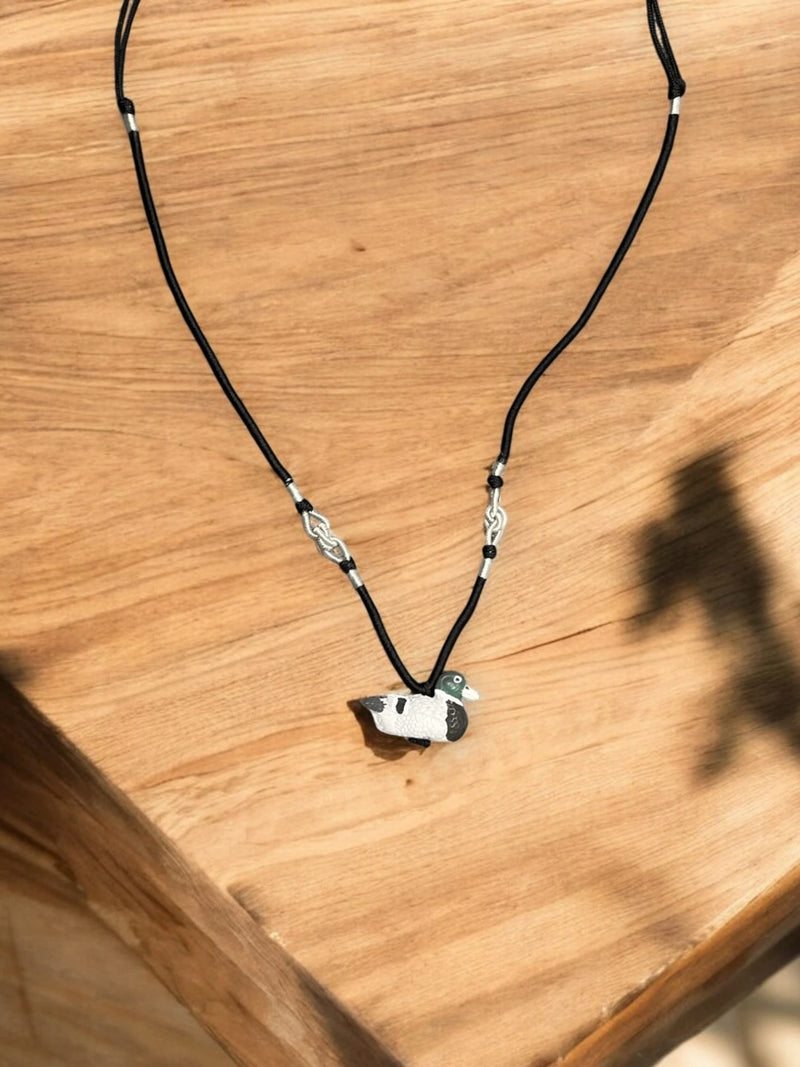 Hand-Painted Duck Charm Necklace, Black Cord Necklace