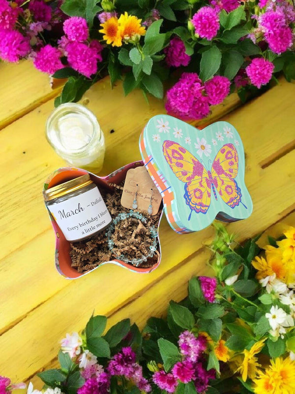 March Birthday Gift Box, Candle, Aquamarine Jewelry, Daffodil Mug, Butterfly Box, Women's Gift