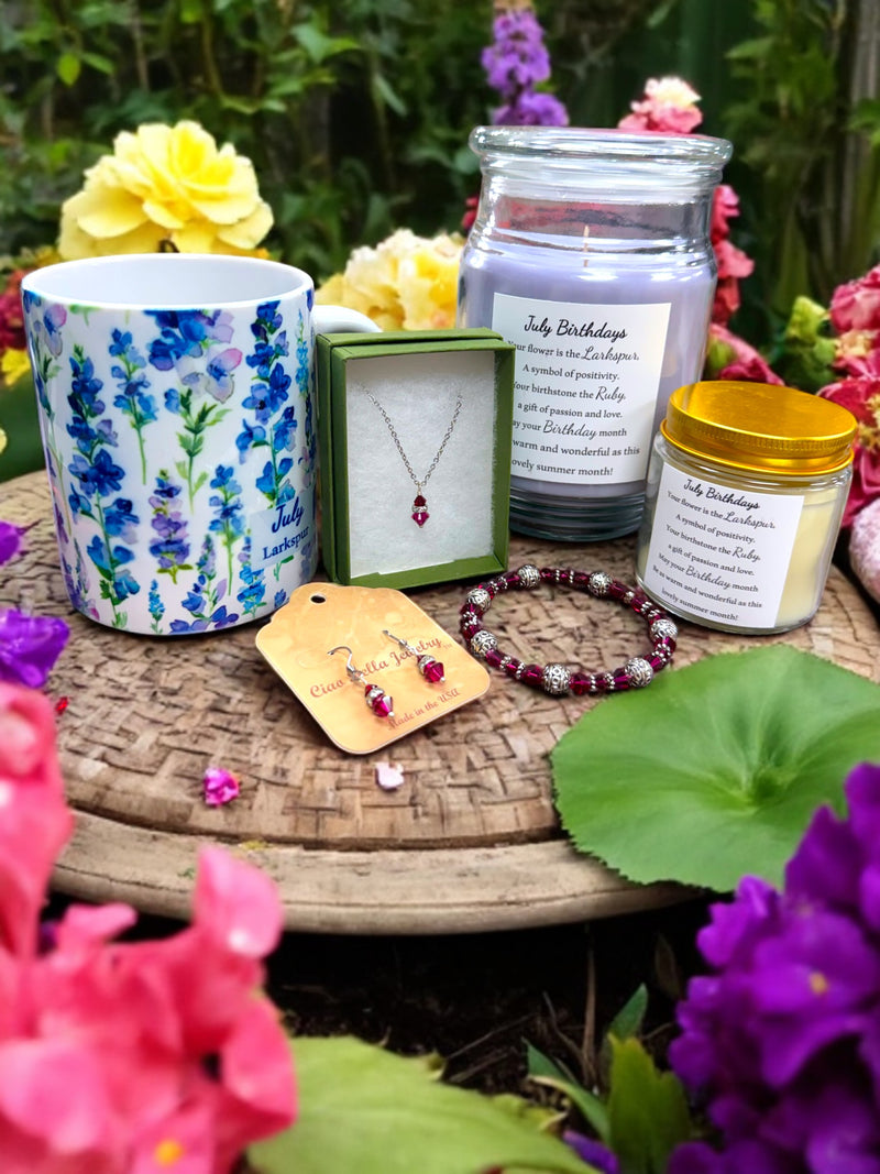 July Birthday Gift Box, Candle, Ruby Jewelry, Larkspur Mug, Women's Gift