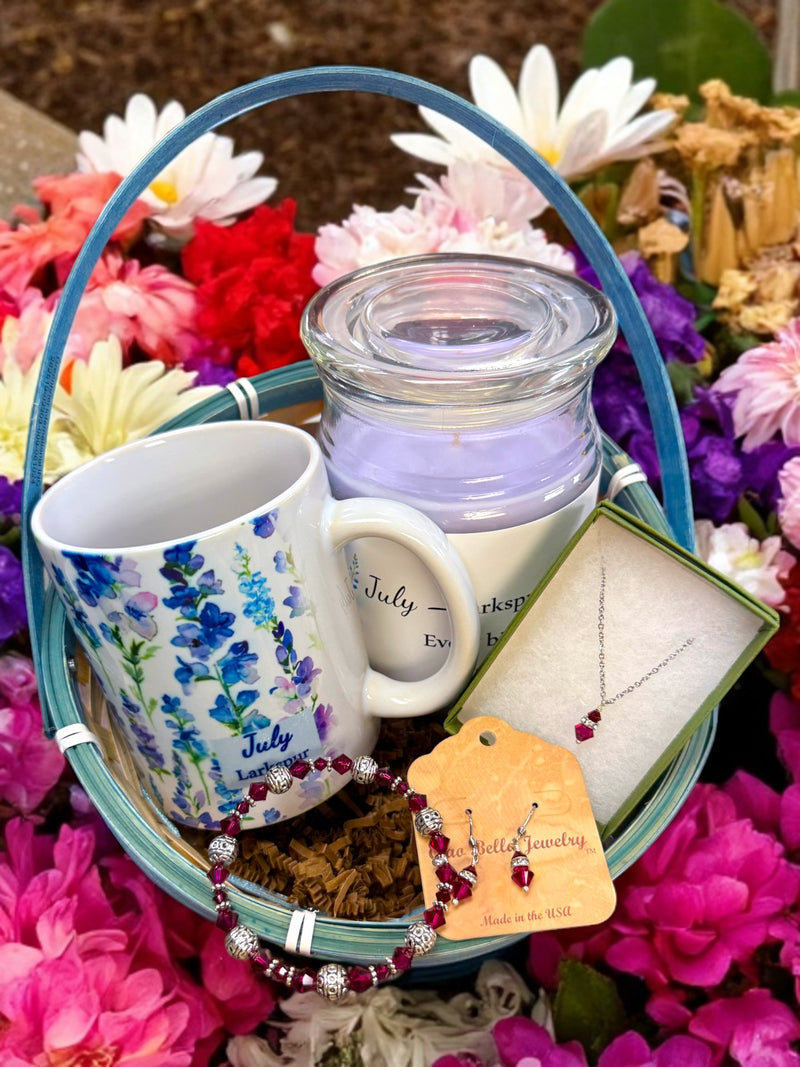 July Birthday Gift Box, Candle, Ruby Jewelry, Larkspur Mug, Women's Gift