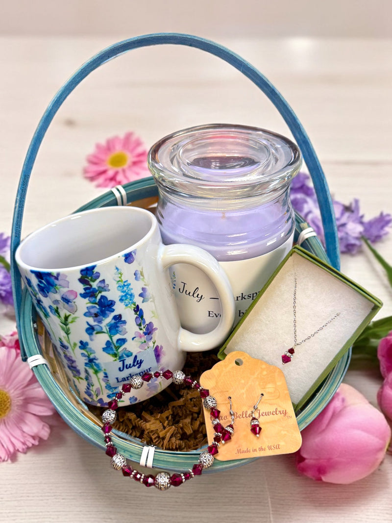 July Birthday Gift Box, Candle, Ruby Jewelry, Larkspur Mug, Women's Gift