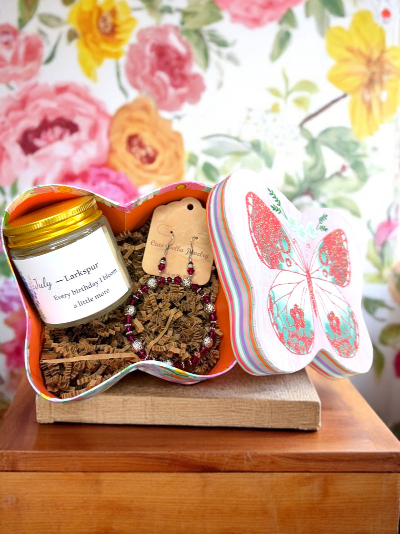 July Birthday Gift Box, Candle, Ruby Jewelry, Larkspur Mug, Women's Gift