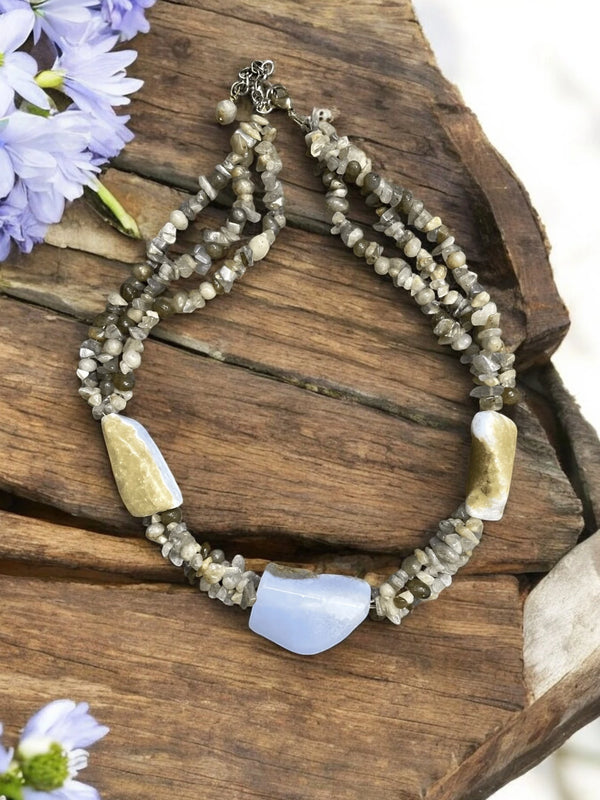 Chalcedony & Mixed Stone Chip Necklace, Three Strand Necklace