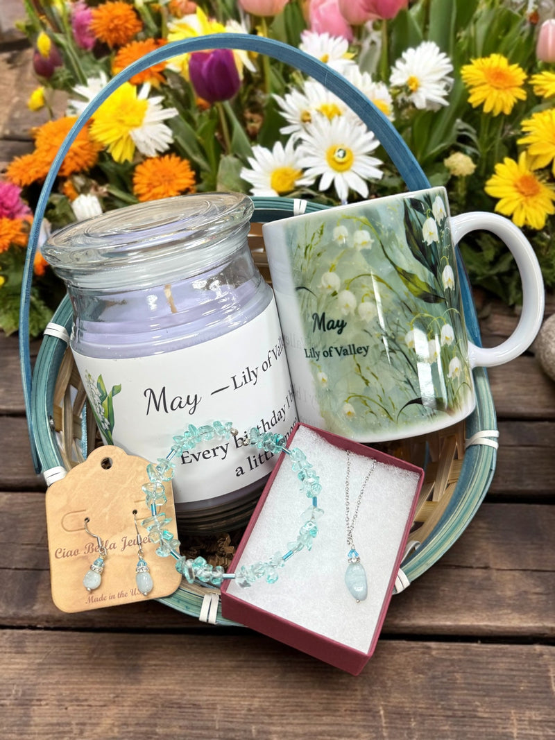 May Birthday Gift Box, Candle, Emerald Jewelry, Lily of the Valley Mug, Butterfly Box, Women's Gift