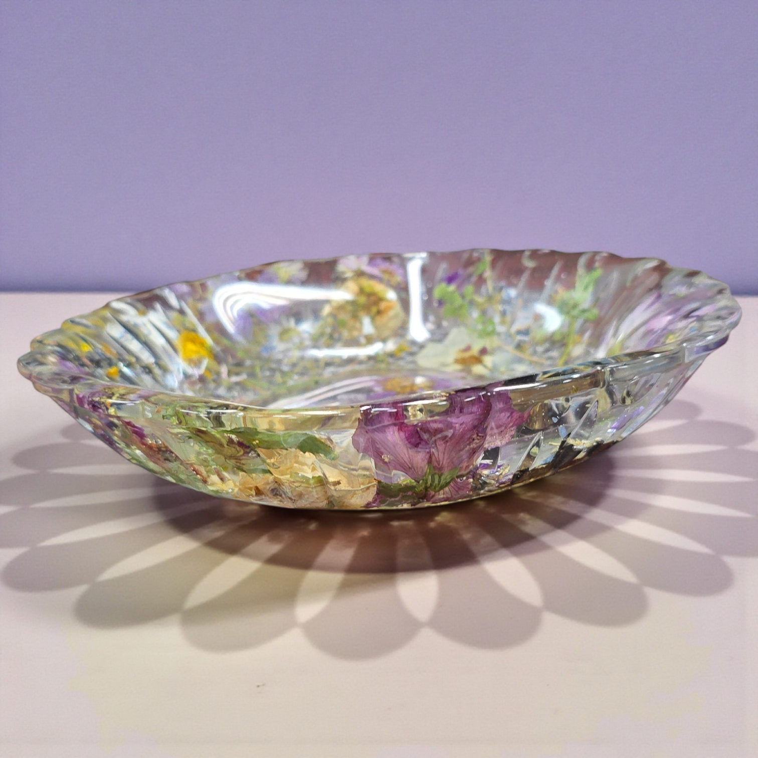 Large Centerpiece Pressed Flower Resin Cut Glass Bowl