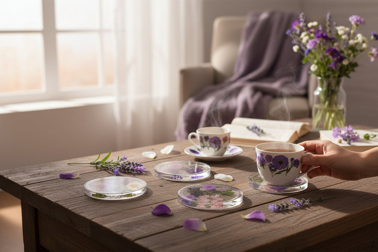 Four Pressed Flower Resin Coasters Set - Botanical Coaster with Real Flowers