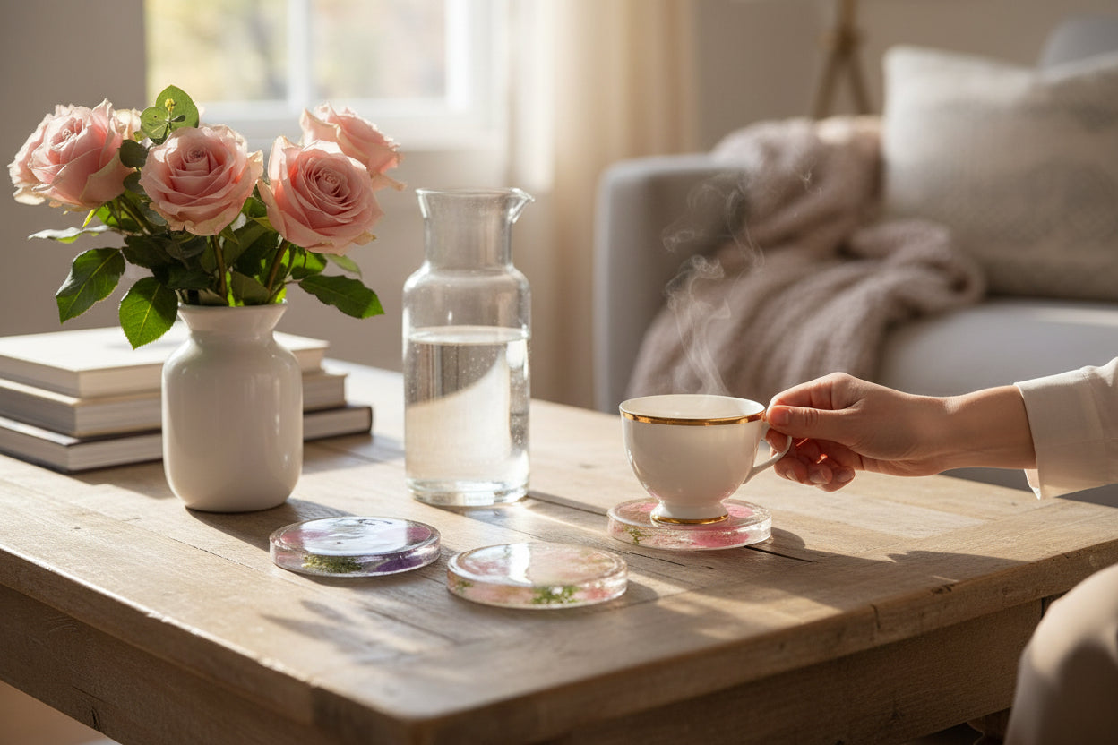 Four Pressed Flower Resin Coasters Set - Botanical Coaster with Real Flowers