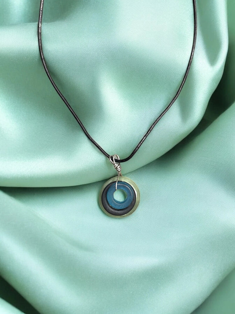 Sea Glass Pendant Necklace, Light Green, Black & Blue, Black Glass on a Black Cord