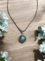 Sea Glass Pendant Necklace, Light Green, Black & Blue, Black Glass on a Black Cord