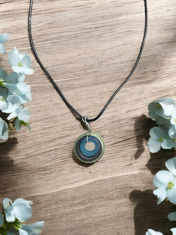 Sea Glass Pendant Necklace, Light Green, Black & Blue, Black Glass on a Black Cord