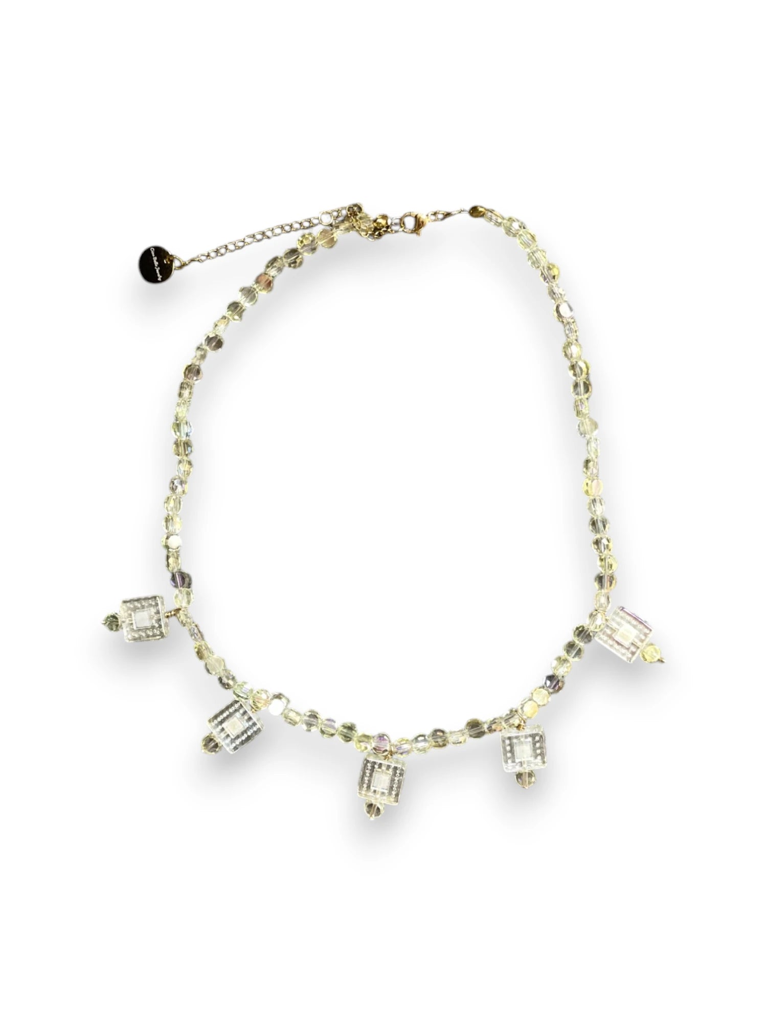 Peridot Beaded Necklace with Crystal Square Pendants