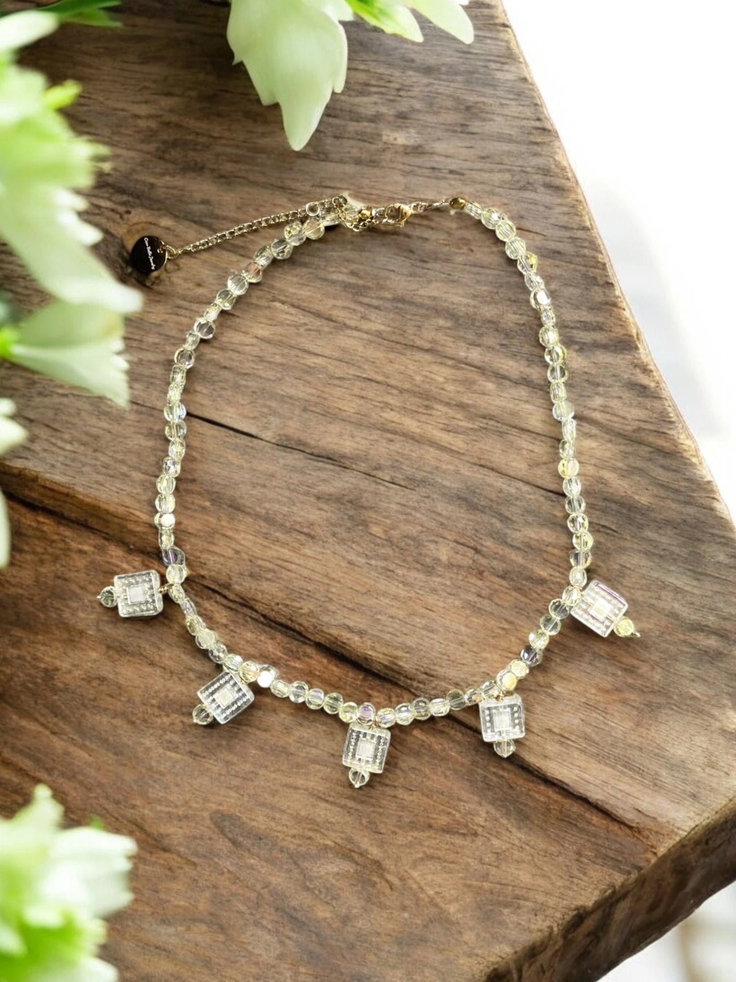Peridot Beaded Necklace with Crystal Square Pendants