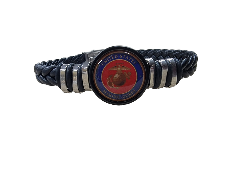 Officially Licensed Marine Corps Black Braided Leather Bracelet with Stainless Steel Accents | Choose from Eagle Globe Anchor or Marine Seal Symbol