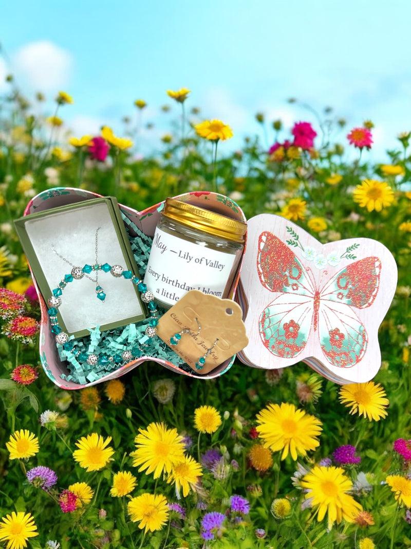 May Birthday Gift Box, Candle, Emerald Jewelry, Lily of the Valley Mug, Butterfly Box, Women's Gift
