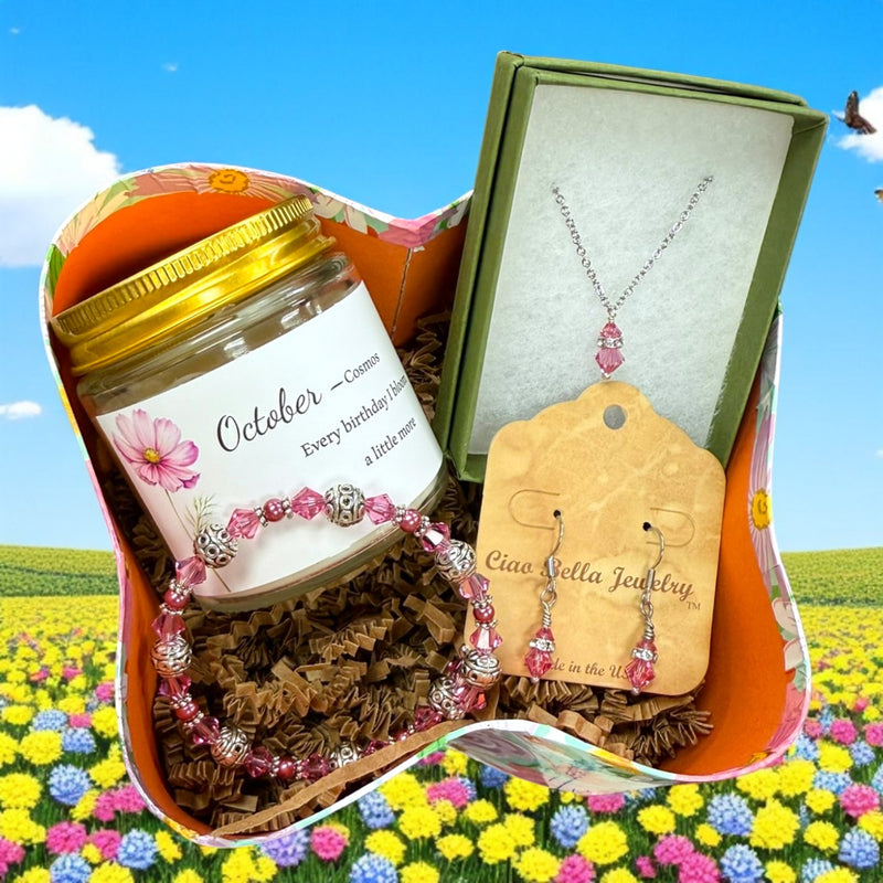 October Birthday Gift Box, Candle, Rose Jewelry, Cosmos Mug, Women's Gift