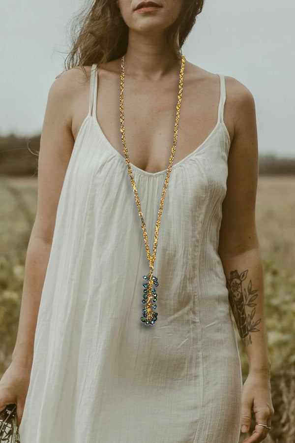 Metallic Peacock Green Crystal Long Chain Cluster Necklace