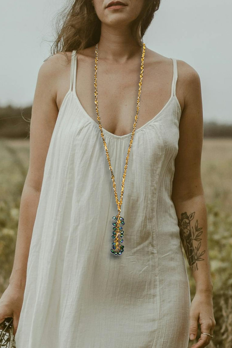 Metallic Peacock Green Crystal Long Chain Cluster Necklace