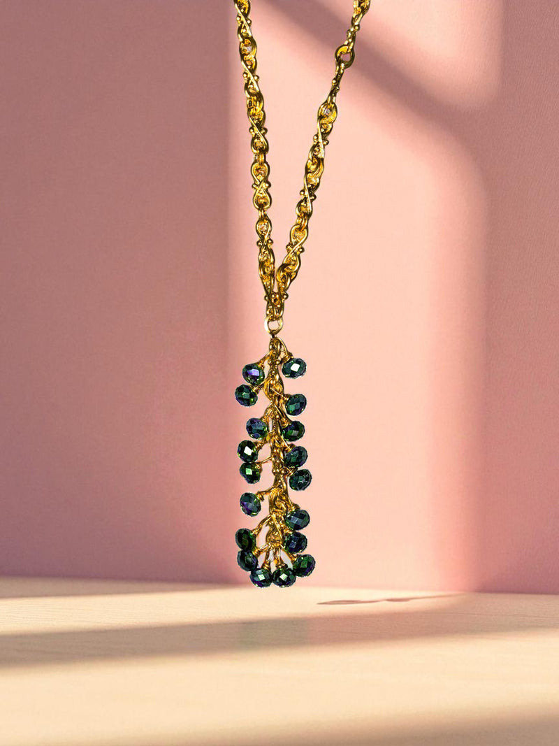 Metallic Peacock Green Crystal Long Chain Cluster Necklace
