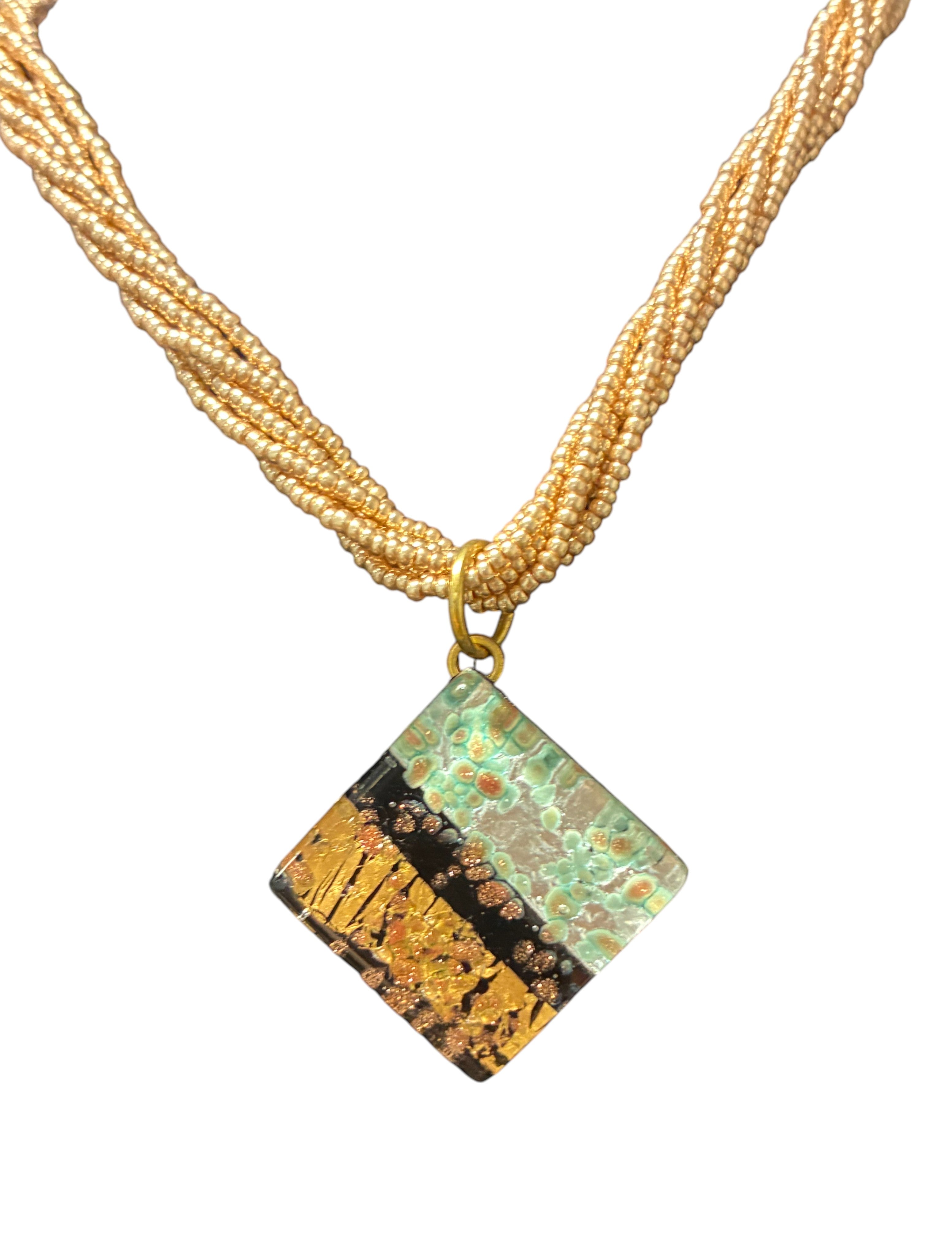 Exquisite Mint and Gold Murano Glass Diamond Pendant on Vibrant Yellow Multi-Strand Beads