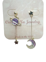 Asymmetrical Gold Star, Moon, and Saturn Drop Earrings