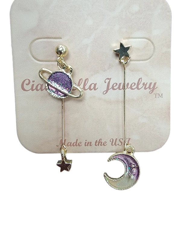 Asymmetrical Gold Star, Moon, Saturn Drop Earrings | Celestial Jewelry | Unique Earring Design