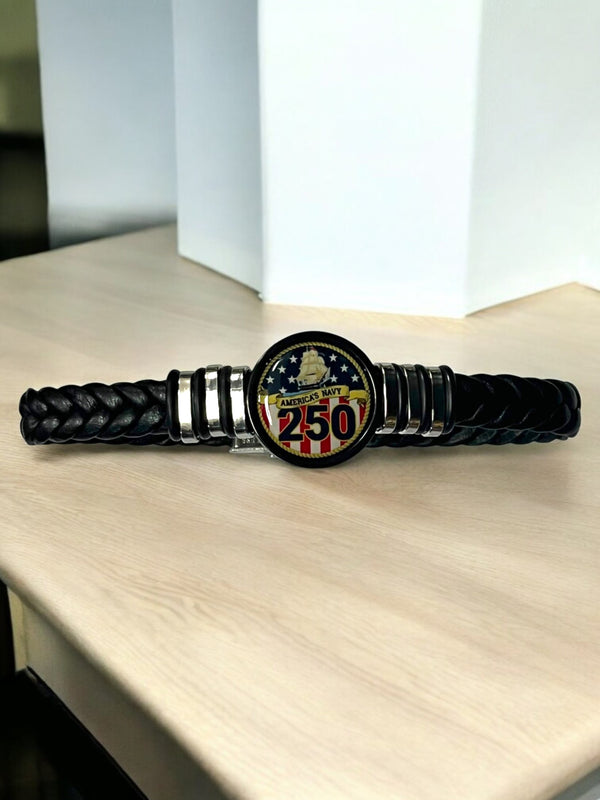 Officially Licensed Navy Braided Leather Bracelet - 250th Anniversary Collection