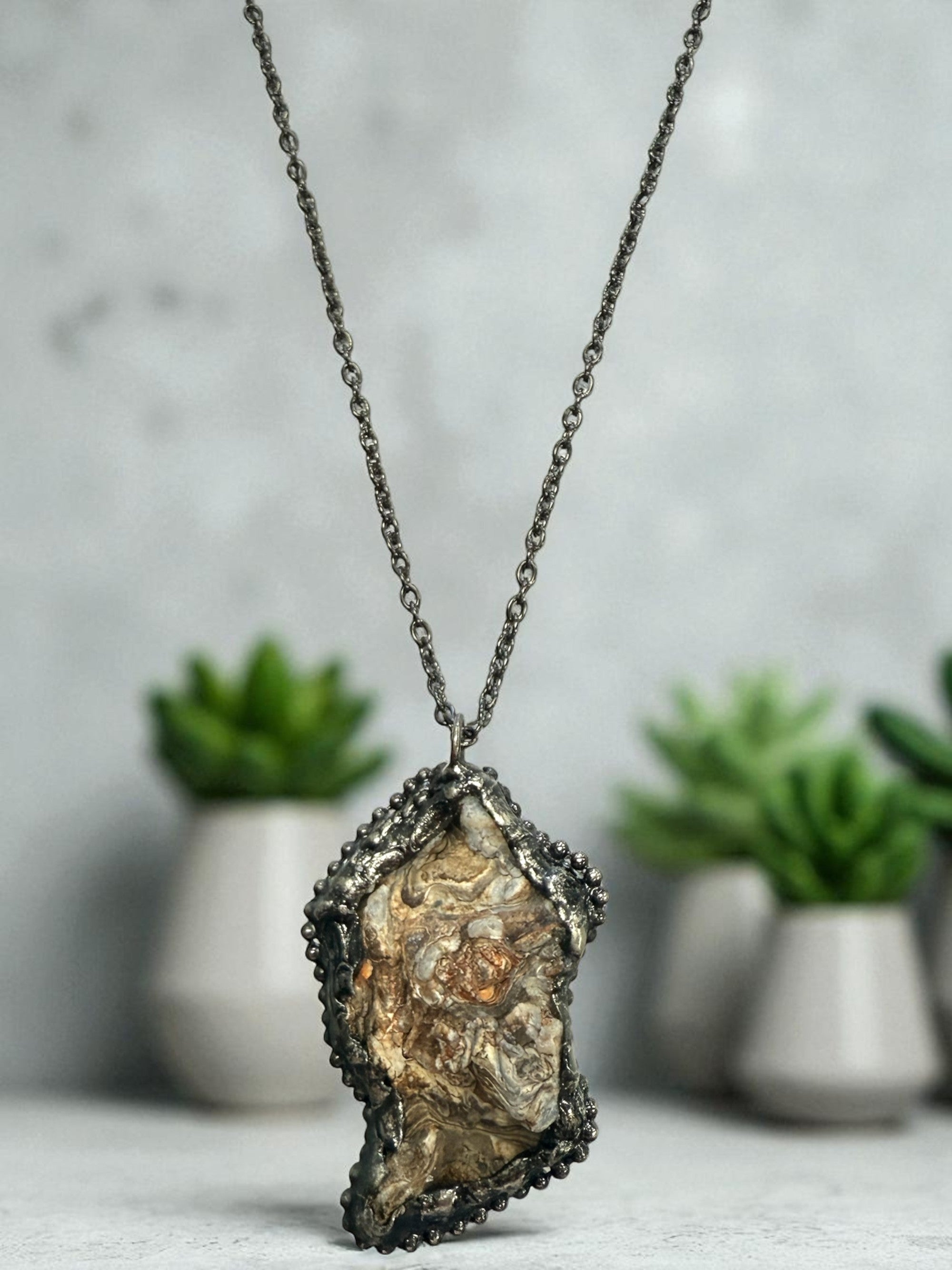 Michelle Marie's Long Layer Wrap Gunmetal Chain and  Agate Geode Pendant Necklace