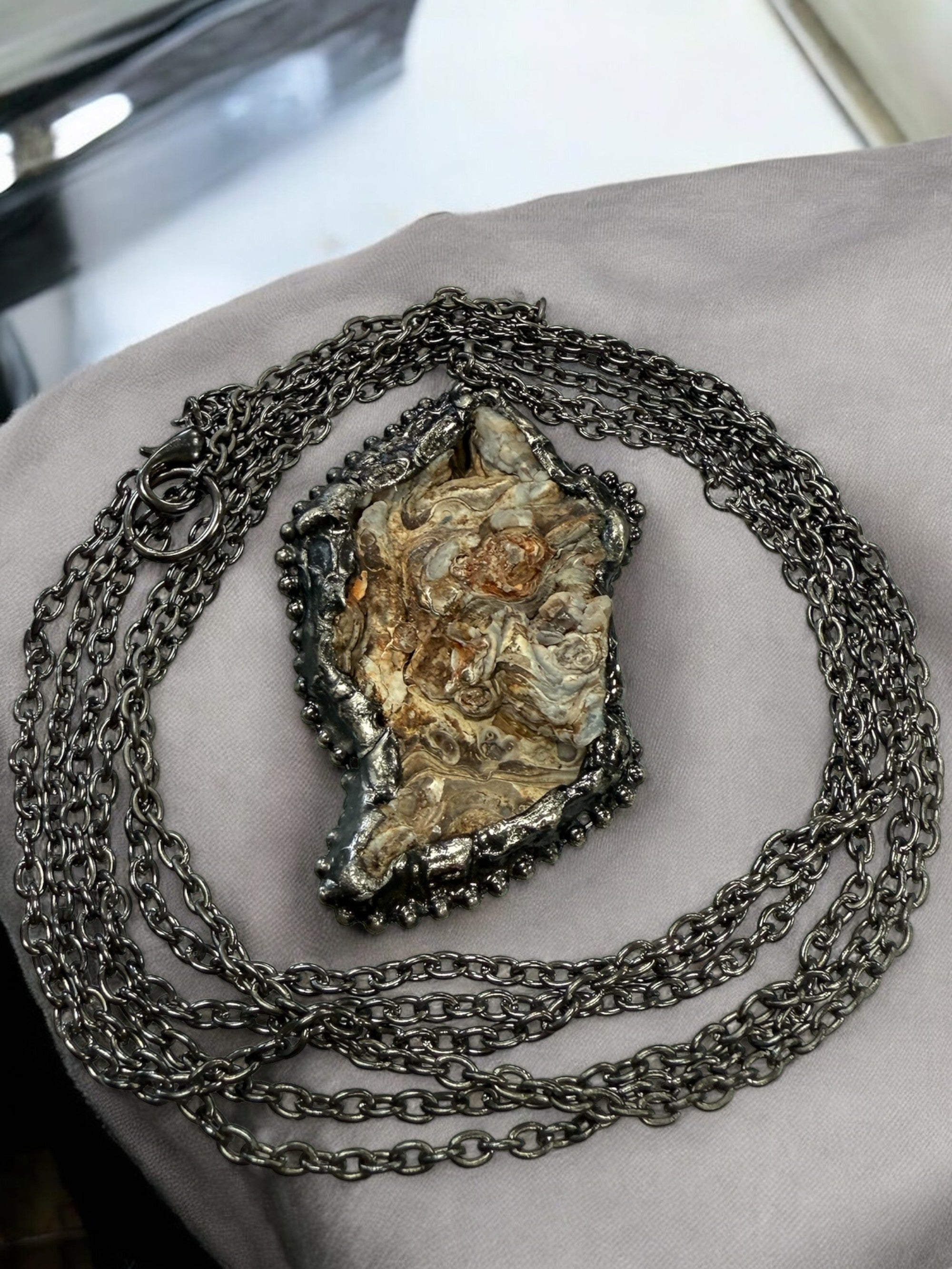 Michelle Marie's Long Layer Wrap Gunmetal Chain and  Agate Geode Pendant Necklace
