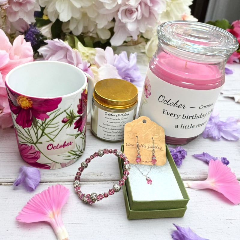 October Birthday Gift Box, Candle, Rose Jewelry, Cosmos Mug, Women's Gift