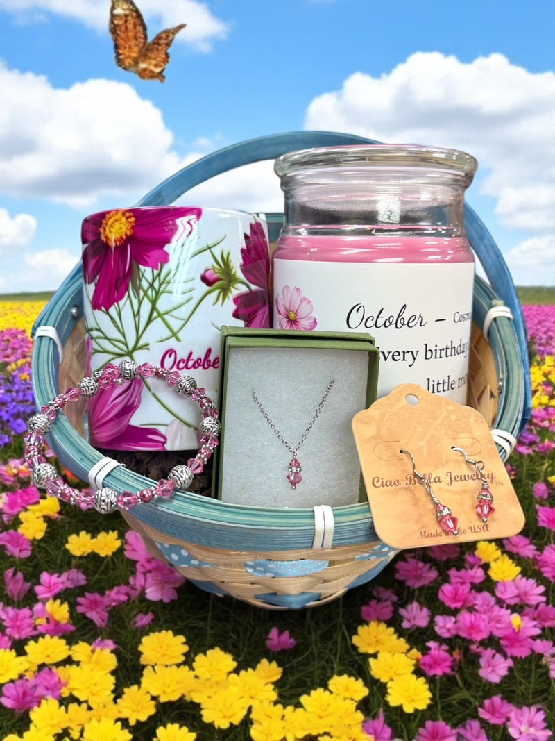 October Birthday Gift Box, Candle, Rose Jewelry, Cosmos Mug, Women's Gift
