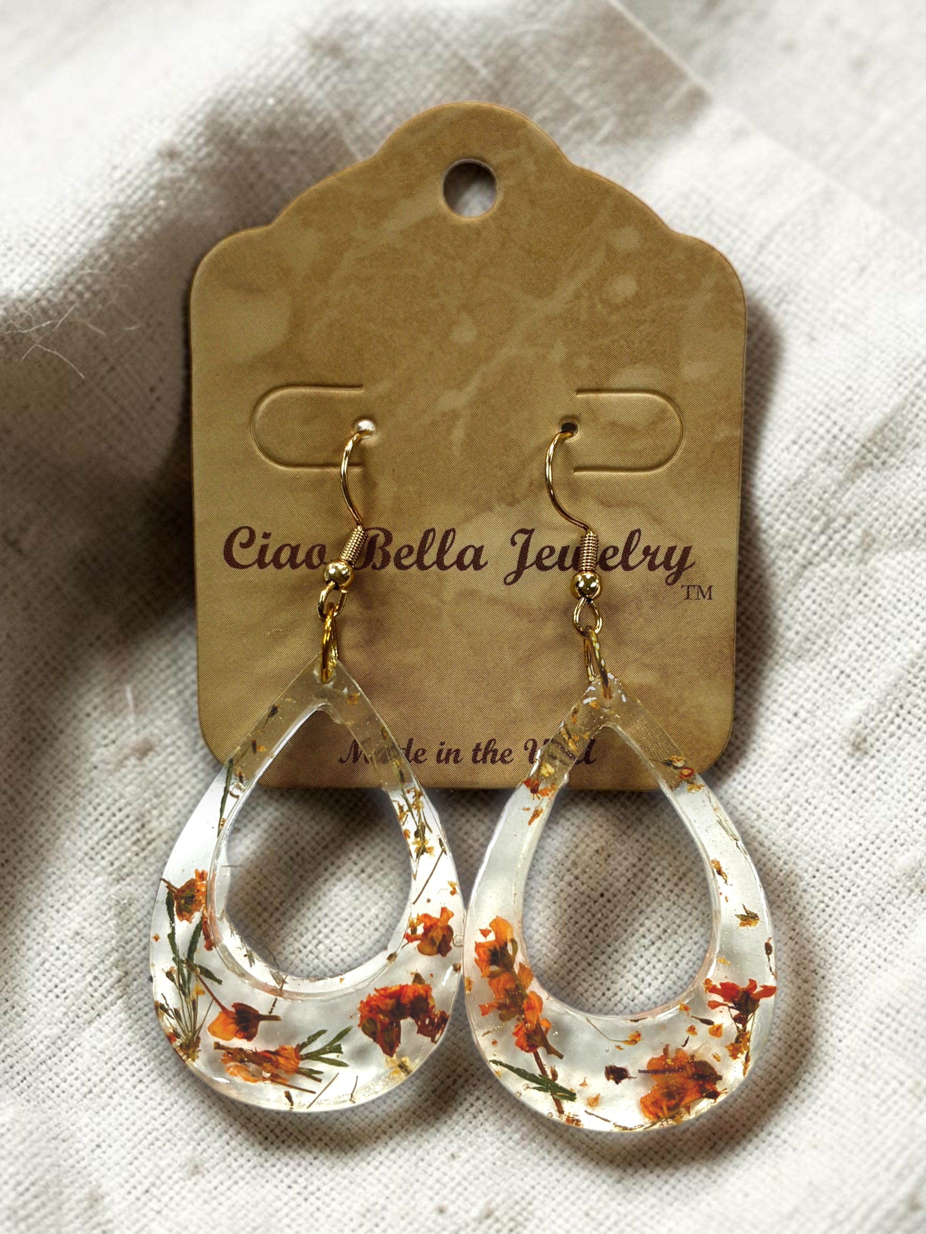 Pressed Flower Resin Teardrop Earrings in Rainbow Variant Colors