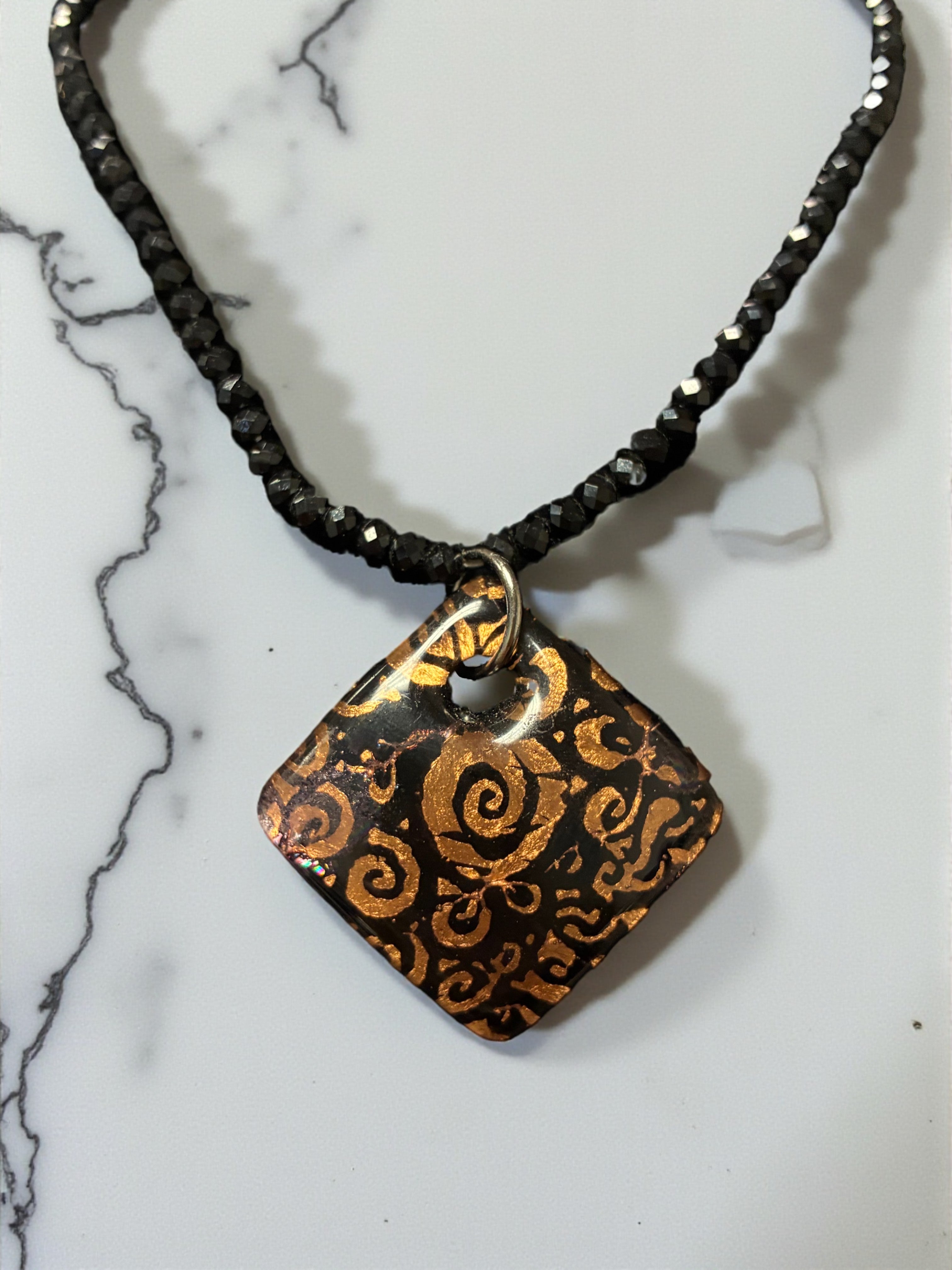 Bold Bronze and Black Swirled Murano Glass Diamond Pendant on Black Crystal Beads