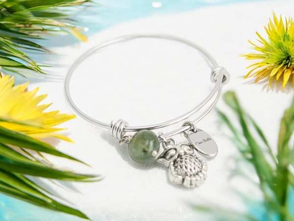 Owl Charm Bangle Bracelet | Stainless Steel, Green Agate, Gift